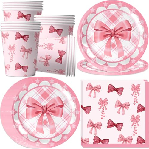 pekifaves Set di stoviglie per feste di compleanno con fiocco rosa | piatti di carta, tazze e tovaglioli, fiocchi rosa decorazione compleanno, set di stoviglie per 16 ospiti