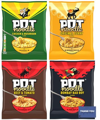 Pot Noodle Instant Noodle Variety Pack - Chicken, Curry, Beef, and Bombay