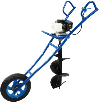 HUOMMGS Tariere Thermique 52 cm³ 1,46KW Tarière à Essence avec 300mm Mèches, Roues 2 Temps Moteur Brouette Tarières Perceuse de Jardin pour Chantiers de Construction, Sylviculture (Bleu)
