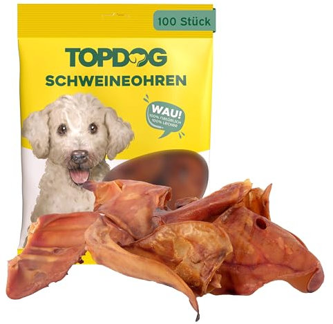 Topdog XL Schweineohren Hunde 100 Stück - Ganze getrocknete Schweineohren für Hunde ohne fettige Muschel - 100% natürlich aus Deutschland - Langanhaltender Kauspaß mit Genuss und Pflege