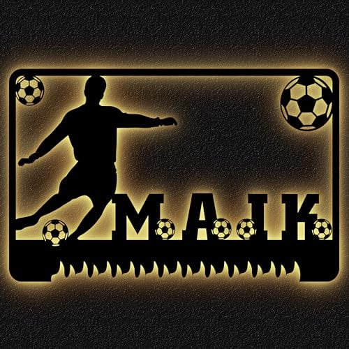 Schlummerlicht24 3d Led Holz Wandtattoo Fussball Soccer Kicker mit Name, Geschenk für Fußball-Fans, als Deko-Lampe