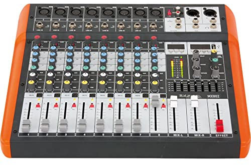 Ibiza - MX802 - Komplettes semiprofessionelles 8-Kanal-Mischpult (8-Band-Equalizer) mit MONO-Eingängen und REC-, RCA-, Kopfhörer- und AUX-Ausgängen - Bluetooth & USB - Schwarz und orange