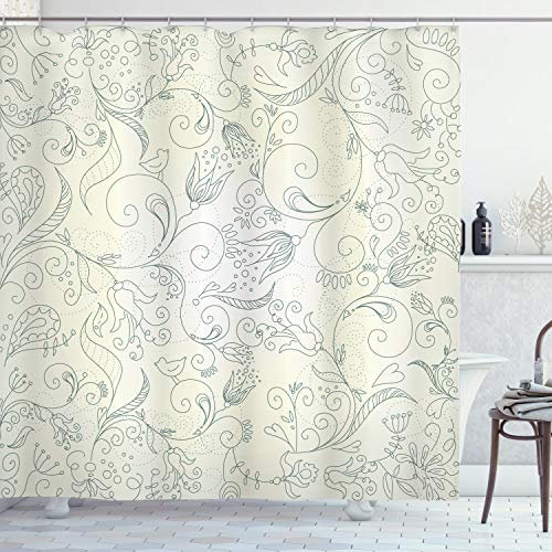 ABAKUHAUS Natur Duschvorhang, Doodle-Garten-Blumen, Stoffliches Gewebe Badezimmerdekorationsset mit Haken, 175 x 180 cm, Hellgrün Farngrün