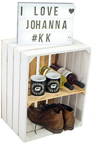 Kistenkolli Altes Land Weiße massive Schuh- Bücherregalkiste Obstkiste Weinkiste Maße ca 50 x 40 x 29cm Holzkiste Dekokiste Regal (weiss geflammter Rücken Quer geflammt)