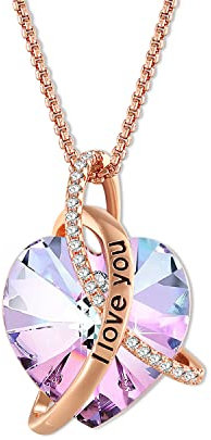 Angelady Collier Femme Coeur Rose Améthyste pour Femme Collier Pendentif or Rose,Pendentif Coeur D'amour Noël Cadeau de Bijoux pour de Cadeau de Fête des Mères Cadeaux pour Elle