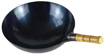 Handgehämmerte Wokpfanne mit Holzgriff, traditioneller vorgebrannter runder Boden, Wok, asiatische Küche, 30 cm