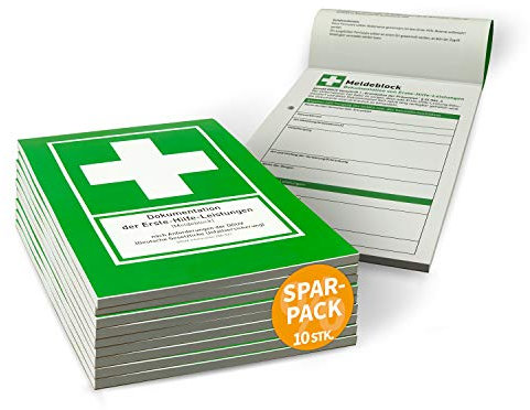 Betriebsausstattung24 Erste Hilfe Meldeblock - 10 Stück - DIN A5-50 Blatt - Alternative zum Verbandbuch - Gem. DGUV