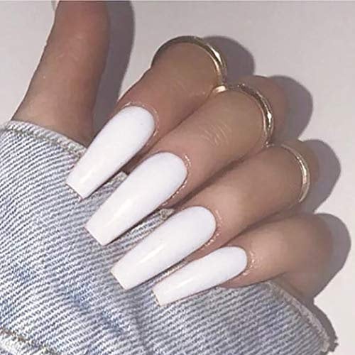 Brishow Cercueil faux ongles longue faux ongles ballerine sur les ongles complète acrylique faux ongles 20Pcs pour les femmes et les filles (Blanc)