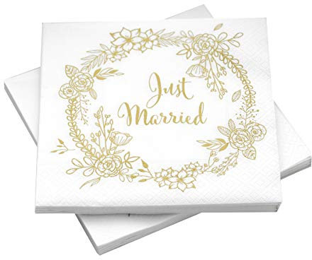 Hochzeitsservietten Just Married Blumenkranz weiß/gold - 33 x 33 cm (20 Servietten)