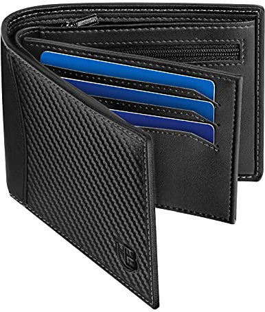BIAL Men's RFID Blocking Bifold Leather Wallet - Slim Wallet with ID Window, Zip Coin Pocket, 9 Card Slots, 2 Banknote Compartments, Gift Box Included(Black)
