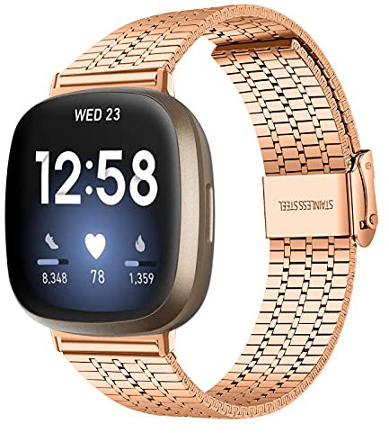 Ginamart Edelstahlarmband Kompatibel mit Fitbit Versa 3 Armband/Versa 4 Armband, Damen Herren Metall Ersatz Uhrenarmband Armband für Fitbit Sense/Sense 2, Small/Large, Edelstahl (Roségold 02)