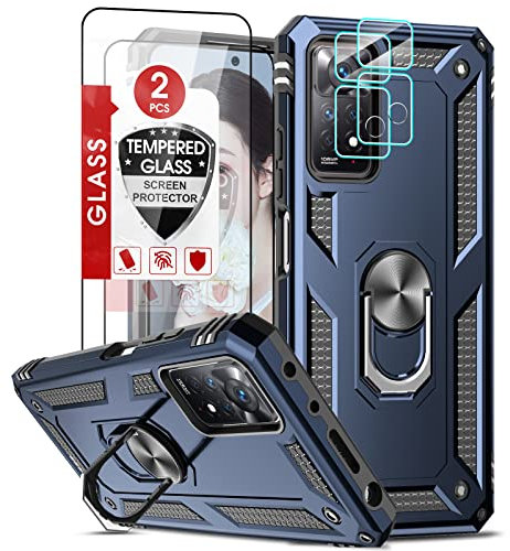 LeYi Hülle für Xiaomi Redmi Note 11 Pro/Note 11 Pro 5G Metall Ring Handyhülle mit 2*Schutzglas Panzerfolie&2*Kamera Folie, Stoßfest Robust Case Halter Handy Hüllen Bumper Schutzhülle Cover Blau