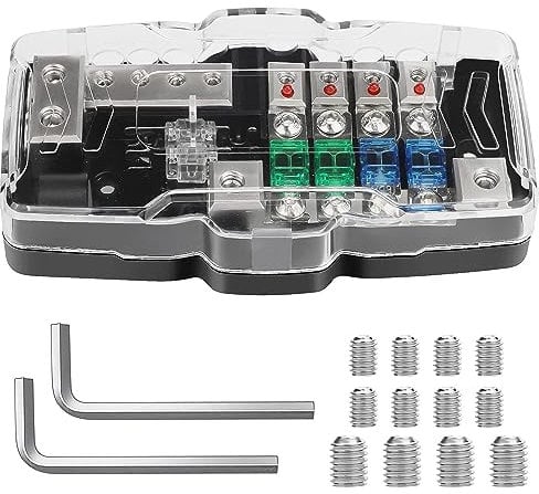 Fused Power Distribution Block, Car Audio Multi-Functional 4-Way MIDI(Mini-ANL) Fuse Box Holder, Support 12V Input 0-4 Gauge & Output 4-8 Gauge with Ground for Auto UTV Boat Stereo Amp