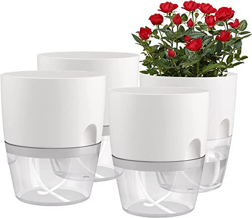 Pots d'autoarrosage USB 4 Pouces pour Les Plantes d'intérieur, Pot de planteur décoratif Moderne pour Les Plantes d'intérieur, aloès, Herbes, Violettes africaines, Gris/Blanc-White
