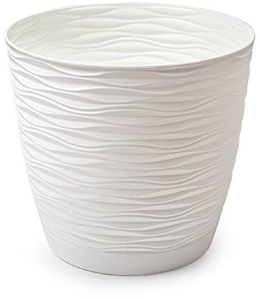 Acan Tradineur - Maceta Redonda con Plato - Diseño Wind (Ø 23 cm) - Fabricado en plástico - Ideal parajardín Exterior, terraza o balcón - Color Blanco Roto