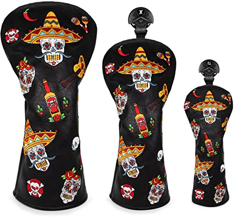 Golfschlägerhauben für Driver, Fairway-Hölzer, Hybriden und Schlägerklingen, Putter Sugar Skull Stil, Premium-Leder-Golfschlägerhauben Set mit austauschbaren Nummerntags -