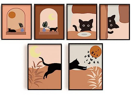 SUPERDANT Boho Wandkunstdrucke Mit Schwarzer Katze Ungerahmter Kunstdruck Böhmische Abstrakte Kunst Tier Natur Illustration Dekor Für Küche Schlafzimmer Büro Badezimmer Heimdekoration