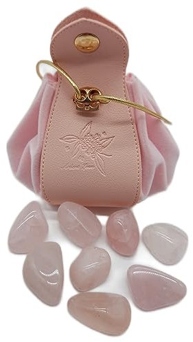 Lot de 8 pierres de quartz rose, pierres roulées dans une élégante flanelle – Sac en cuir, pierres de guérison, porte-bonheur Feng Shui, décoration de table, projets de bricolage, agréable au toucher