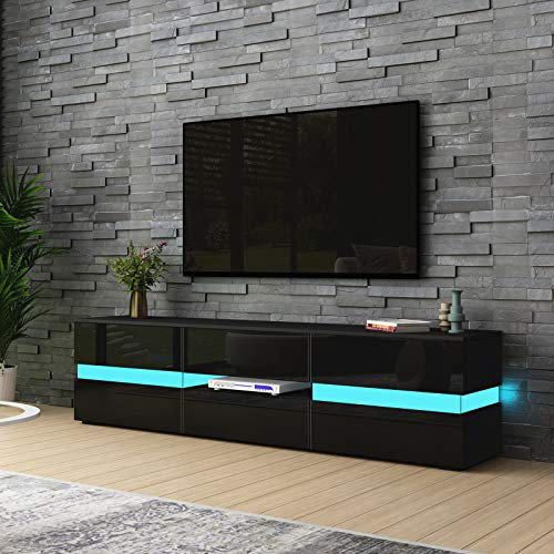 TV Units for Living Room, TV Stand Unit Black Matt Body High Gloss Front 2 Doors 1 Drawer TV Cabinet 177cm with RGB LED Light