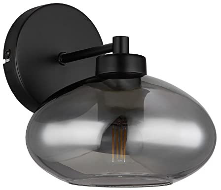Globo Wandleuchte Wandlampe Flurlampe Schlafzimmerleuchte Wohnzimmerlampe, Metall schwarz Glas Rauchoptik, 1x E27 Fassung, HxBxÜ 20x18x22cm