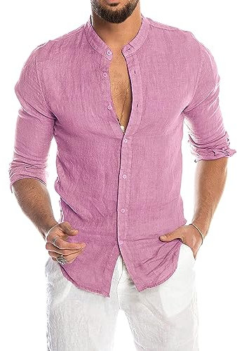 Camicia Uomo di Lino Manica Lunga Slim Fit Casual Estiva Coreana Traspirante (L, Rosa)
