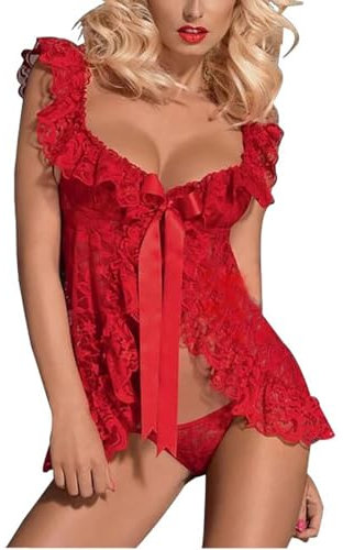 ROSVAJFY Femme Sexy Nuisette Dentelle Florale Lingerie Mini Chemise de Nuit avec String Babydoll Vêtements de Nuit Coquine Dentelle Transparente Robe de Nuit Courte Dos Nu (Rouge)
