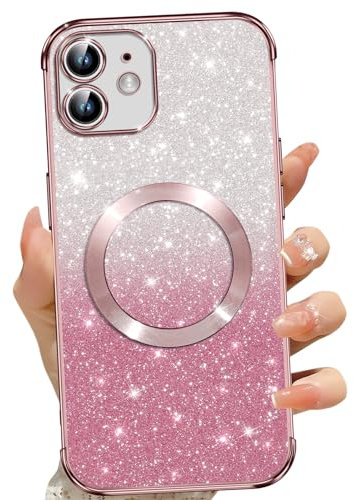 Phoona Cover Magnetica per iPhone 12, Glitter Custodia Compatibile con MagSafe, Anti Graffi, Non Ingiallente, Protezione Completa Case iPhone 12, con 2 Vetro Temperato, Rosa