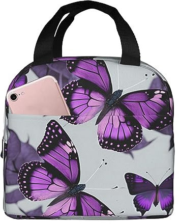 FJAUOQ Lonchera aislada con mariposas moradas, lonchera versátil para hombres y mujeres, ideal para el trabajo, la vida universitaria, viajes y actividades al aire libre