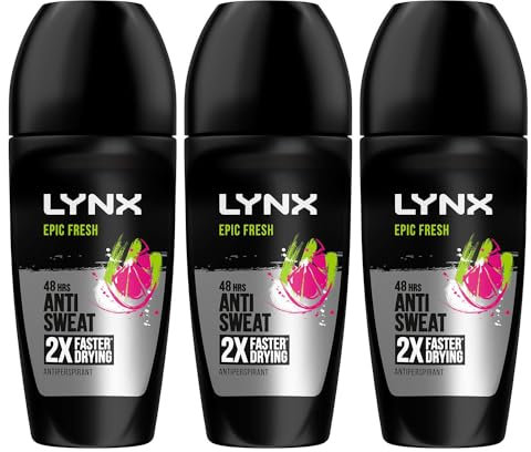 Lynx Epic Fresh Roll On 48 Hours Anti Sweat Faster Drying Anti-Perspirant with Long Lasting Sweat and Odour Protection Travel Size Deodorant for Men for All Skin Types, 50ml Pack of 3