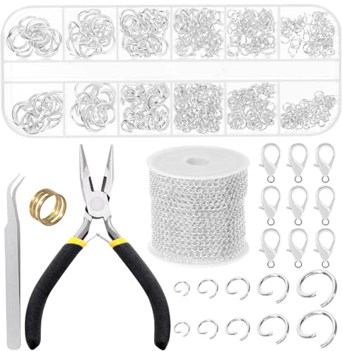 Mardatt 504 Stück Silber Schmuck machen Ketten Kit, 10 Yards Halskette Ketten Schmuck Ketten mit 400Pcs Open Jump Ringe, 100Pcs Lobster Clasps, Zangen