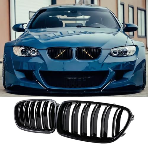 Jinpengyong E92 Kühlergrill für BMW 3er E93 Nieren Schwarz Pre-Facelift Coupe M3 Doppelsteg Glanz Schwarz Grill Vorne 2006-2009 (For 3er E92 2006-2009)