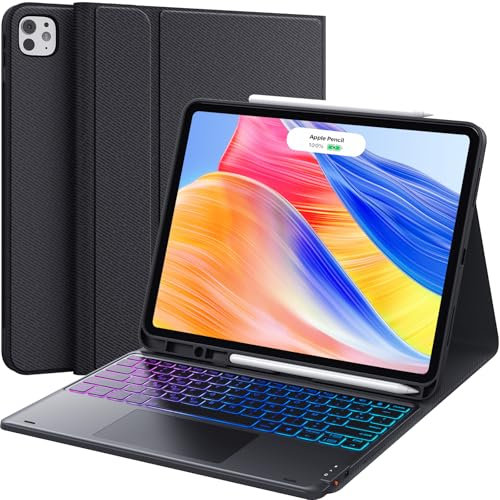 CHESONA Clavier iPad Pro 13 Pouces (M4), Clavier rétroéclairé 3 Zones 7 Couleurs, Smart Touchpad, Mégnétique Détachable Clavier pour iPad Pro 13 2024, Français AZERTY, Noir