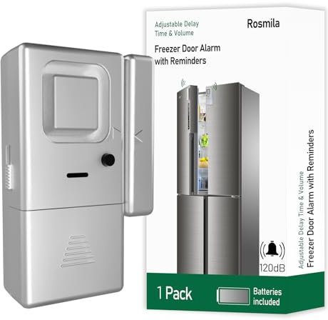 Rosmila Freezer Door Alarm 1 Pack, Refrigerator Door Alarm When Left Open, Close Door Reminder, with 60/120/180/240 Seconds Delay Alert, Low/Loud 80 to 120 dB (Grey Metallic)