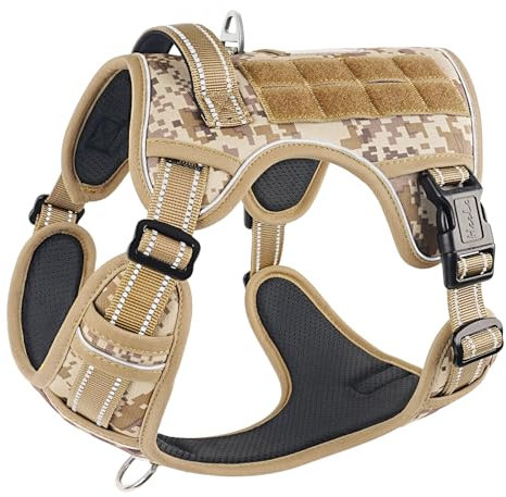 HEELE Hundegeschirr, Metall Taktisches Geschirr, Taktische Hundeweste, Service Hundegeschirr, MOLLE Sicherheitsgeschirr, Brustgeschirre für Hunde, Laufgeschirre für Hunde, Camouflage Braun, M