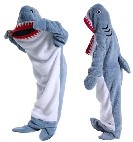 YushengTai Shark Blanket, Hergestellt aus Superweichem, Bequemem Flanell Hai Decke zum Anziehen Hai Overall, Hai Deckenkapuzenpullover,Hai Schlafsack Tragbare Decke für Erwachsene und Kinder (Blau)