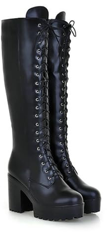 BGFCDFGV Donna Stivali Stivaletti Biker Anfibi con Plateau Stivali con Tacco Alto Stivali Alti Rotonda Punta Stivaletti Lacci Cerniera Stivali,Nero,37 EU