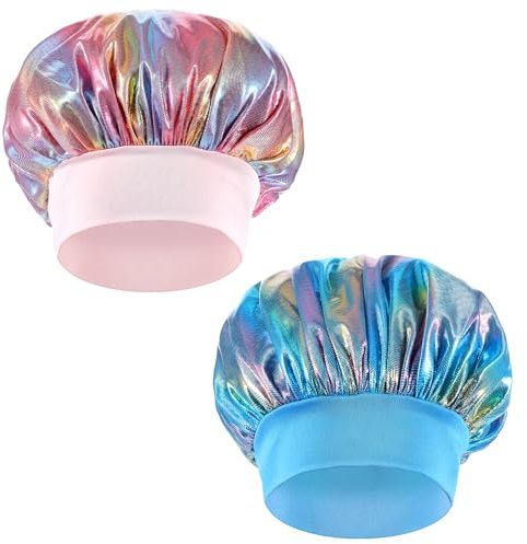 Prasacco 2 Pcs Double Layer Toddler Shower Cap Elastic Band Kids Bonnets Washable Reusable Bath Hair Cap for Boys Girls Women Men (Rose Red+Blue)