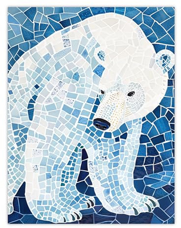 Artery8 Polar Bear Blue White Mosaic Pattern Folk Art Living Room Unframed Wall Art Print Poster Home Decor Premium