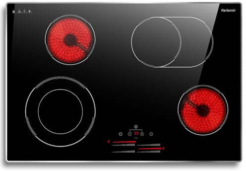 Karienvir Placa Vitroceramica 4 fuegos 77cm, 6800W vitrocerámica con Zona de expansión, Control deslizante, Temporizador, Bloqueo de seguridad, 9 niveles de potencia