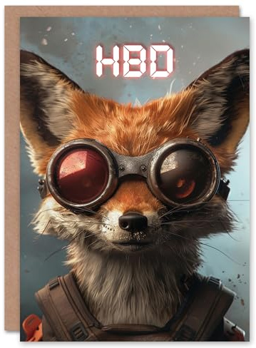 Artery8 HBD Atompunk Animal Red Fox With Goggles Blank For Him Or Her Art Birthday Card