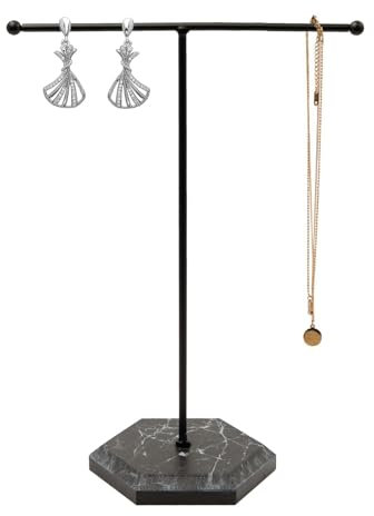 Présentoir à Bijoux, Porte Collier, Présentoir à Bijoux, Organisateur de Bijoux, Présentoir à Bijoux en Métal en Forme de T, Base en Marbre, pour Petits Colliers et Bracelets, Noir