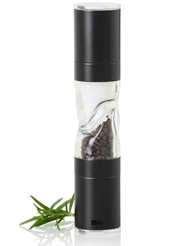 AdHoc MP903 DUOMILL PURE Salz- und Pfeffermühle | Edelstahl-Acryl Kombimühle mit langlebigen Keramikmahlwerken | Doppelmühle mit Aromaschutz & hochwertiger Geschenkverpackung in Schwarz