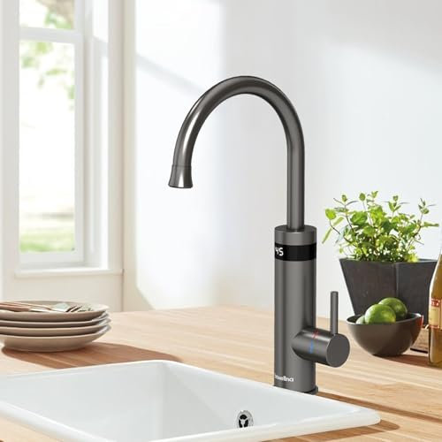 Briwellna Wasserhahn mit Durchlauferhitzer, 220V Warmwasserhahn, Elektrischer Küchenwasserhahn aus Edelstahl, 360 Grad drehbarer Kalt- und Warmwasserhahn (Grau)