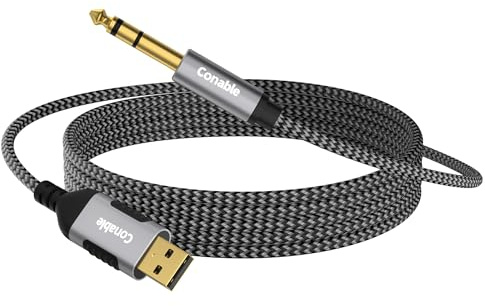 Câble audio stéréo USB vers TRS 6,35 mm 1,2 m, USB-A vers adaptateur audio auxiliaire jack stéréo de 6,35 mm, connecteur doré, gaine en nylon tressé, puce DAC, pour ordinateur portable, amplificateur