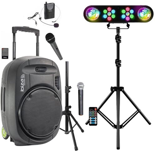 Ibiza PORT12VHF-MKII-TWS - Altavoz portátil Bluetooth portátil (700 W, 3 micrófonos, soporte para altavoz – Pie de luz pórtico DJ