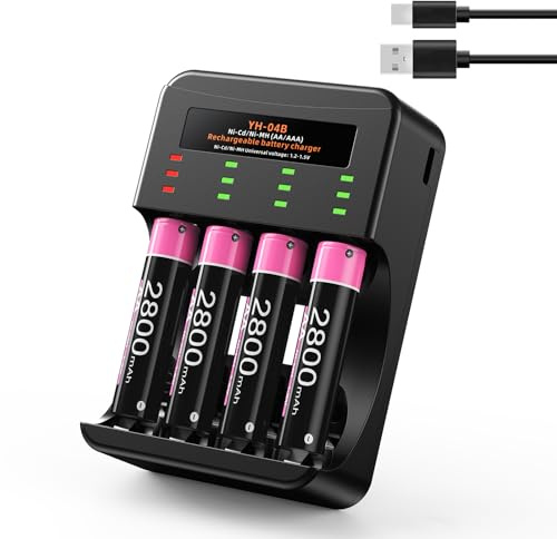 BOANV 4 Pcs 2800mAh AA rechargeable Battery and 4 Slot USB-C Battery Charger Quick Charge for AA AAA Rechargeable (4 Slot charger+4 AA battery)