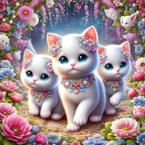 QINRUBB DIY Weiße Katze Diamond Painting Erwachsene, 5D Süßes Kätzchen Diamant Painting Bilder Anfänger, Blumen Runder Vollbohrer Diamant Kunst Kits Kreuzstich Geschenke Home Wand Dekor 30x30 cm