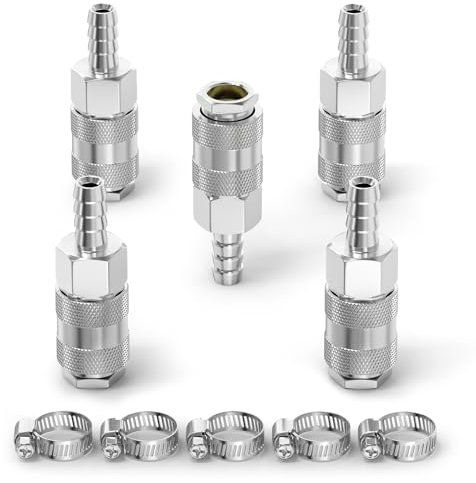 ERGAOBOY 5 Pcs Male Industrial Air Coupling with 8MM Hose Barb, Flow Quick Connect Air Coupling and Plug Kit Pneumatic Compressor Hose Fittings