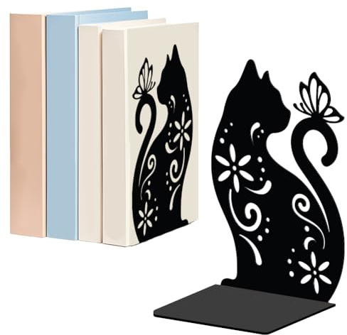 WADORN Fleurs de Chat Décoratives pour Étagères 1 Paire Serre Livres Antidérapants en Métal Noir en Forme de L Motif Animal de Chat pour Bibliothèque Bureau Maison