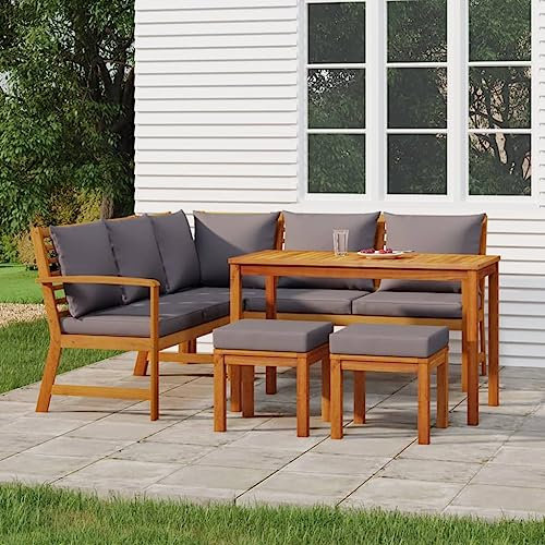 Hommdiy Garten Essgruppe 6-TLG.Gartenmöbel Set mit Kissen, Gartengarnitur Sitzgruppe Modulares Design, Lounge Sofa Bank Tisch, Massivholz Akazie Dunkelgrau Type 3